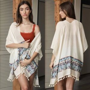 Raj Embroiderd Tassel Fringe Trim Ivory Gauzy Kimono